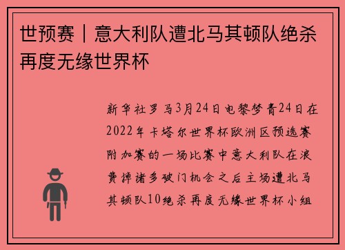 世预赛｜意大利队遭北马其顿队绝杀再度无缘世界杯