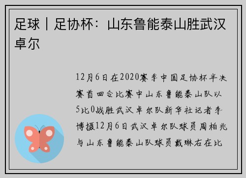 足球｜足协杯：山东鲁能泰山胜武汉卓尔